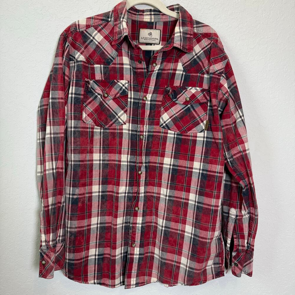 Legendary Whitetails Men's Western Camp Snap Red Plaid Distressed Shirt Size‎ L